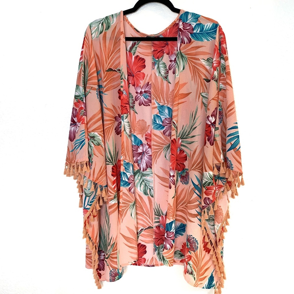 Floral Kimono Cover Up OSFM Tropical Pink Tassels Layering Piece Topper Boho